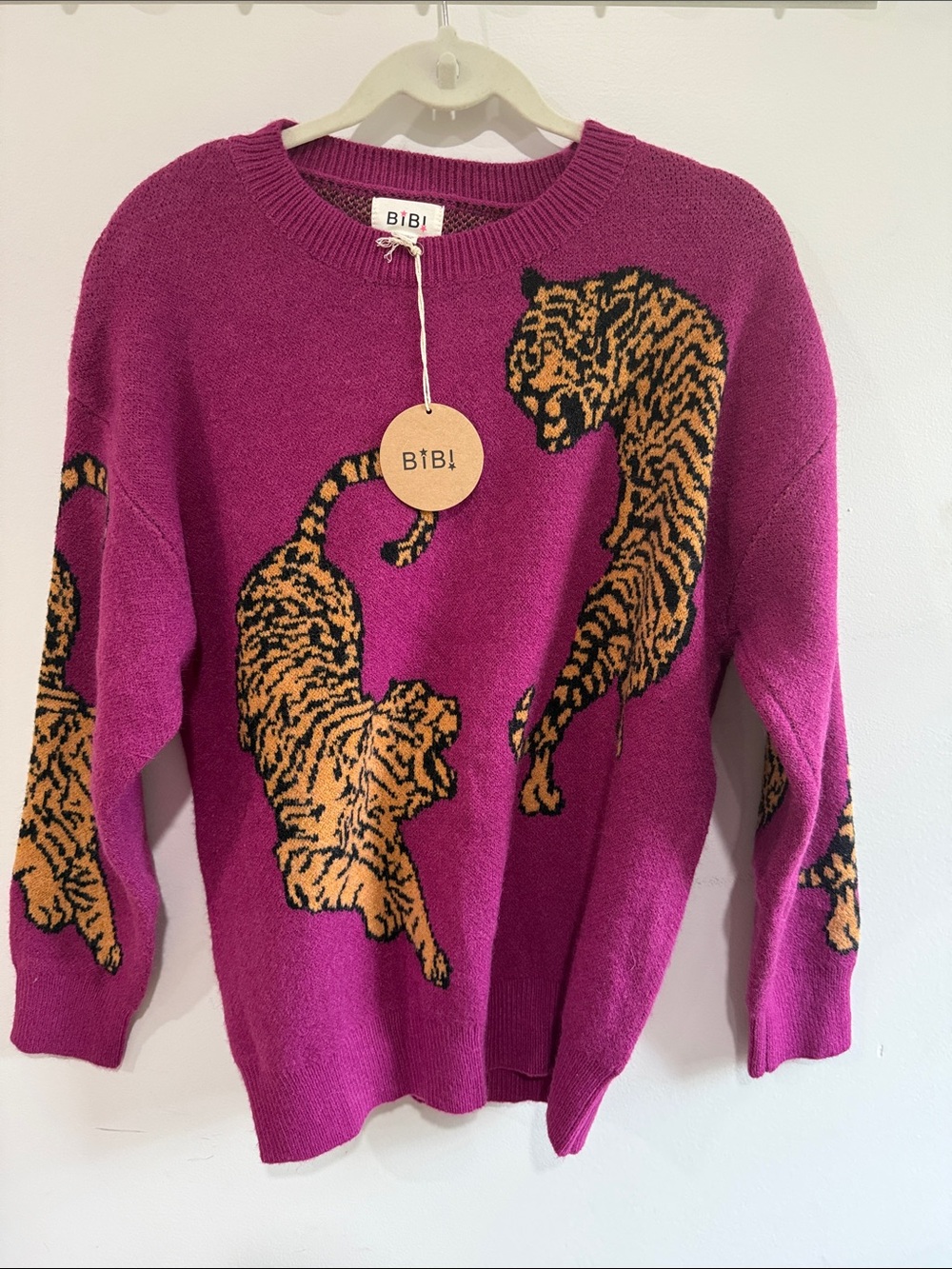BiBi Fuchsia Crewneck Sweater with Tiger Motif